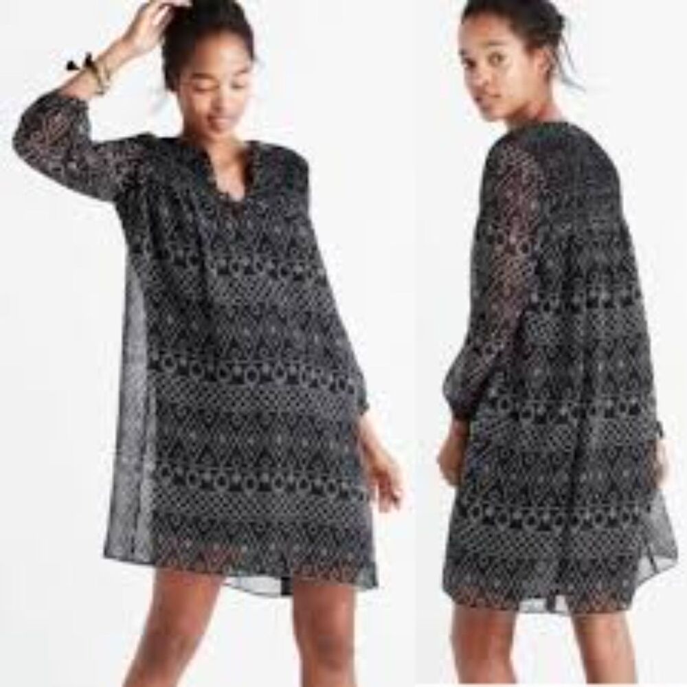 Madewell Long 3/4 Sleeve Mini Dress Smock Sheer Lined Black & White Medium